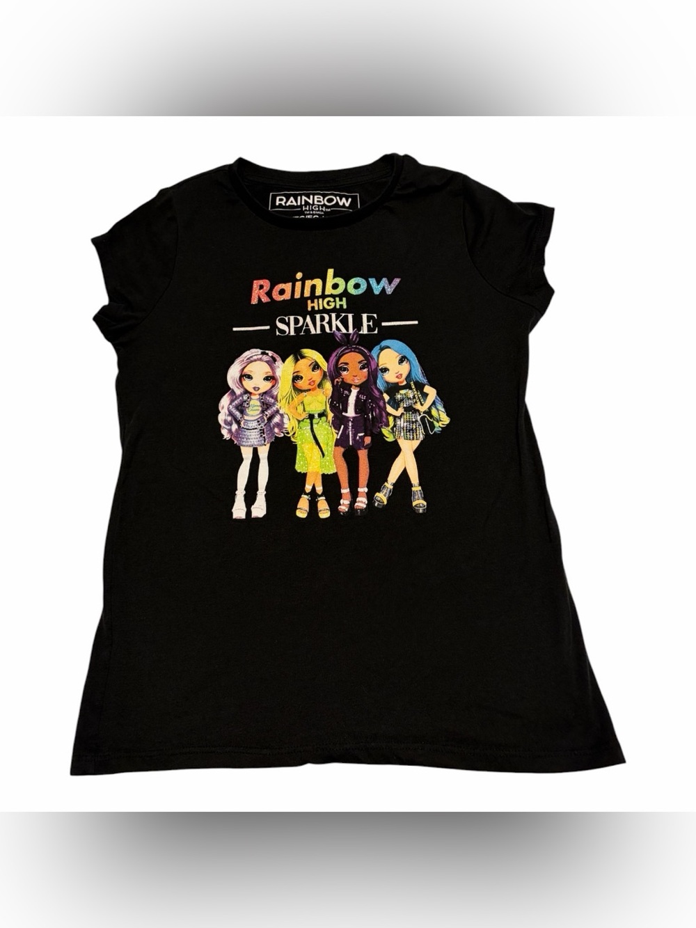 Rainbow High Baby Tee T-Shirt Graphic Print XS Black Green Blue Purple Flirty